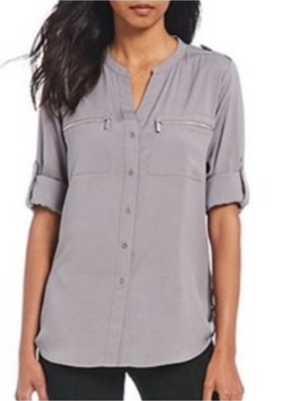 New Calvin Klein Women's Modern Essential Zipper Button-Front Blouse sm charcoal